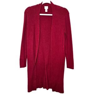 Chicos Cardigan Sweater 1 Medium Red Crimson Rib Knit Open Duster Cotton Rayon